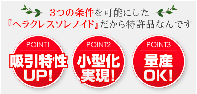 3つの条件を可能にした『ヘラクレスソレノイド』だから特許品なんです POINT1 吸引特性ＵＰ！ POINT2 小型化実現！ POINT3 量産OK!